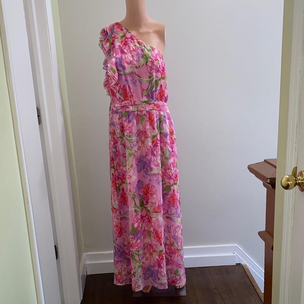 One-Shoulder Pink Floral Ruffle Maxi Dress BTFBM
